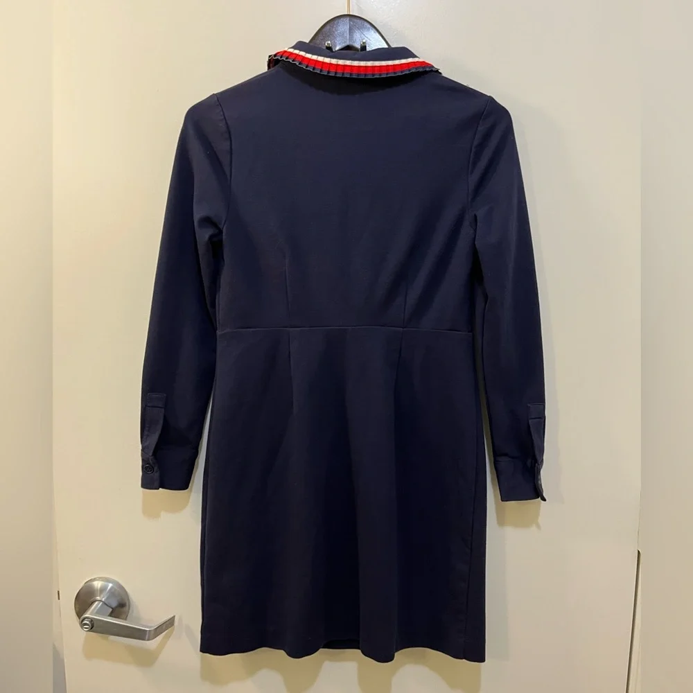 BODEN Navy Blue Shift Dress Red/White/ Blue Pleated Detail Neck & Pocket Size 6P - Picture 2 of 7